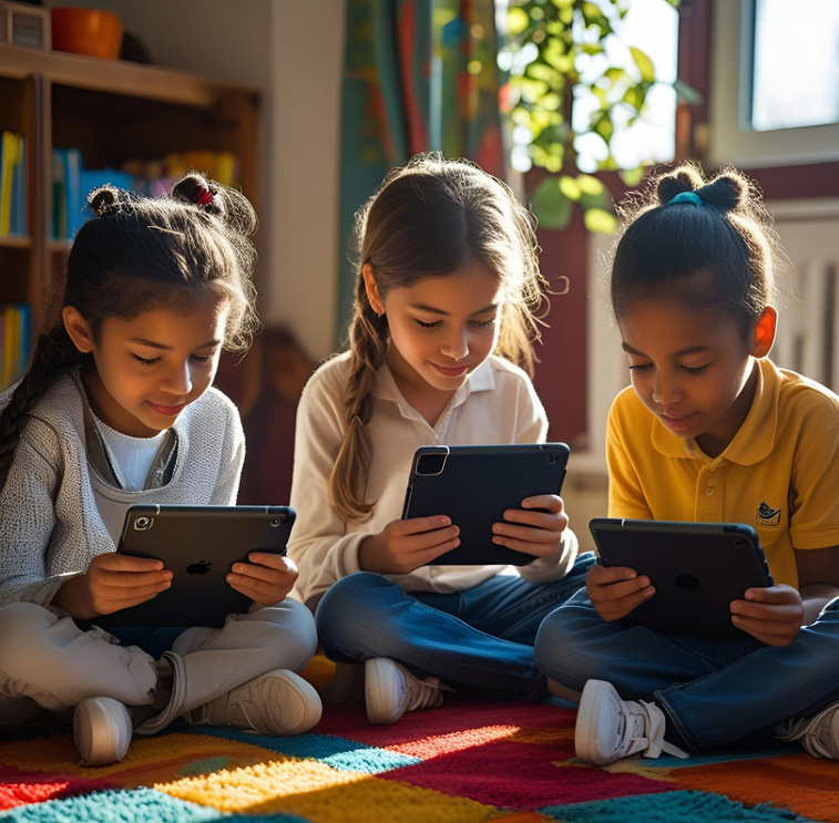 An illustration made with Canva's AI showing children exploring tablets.